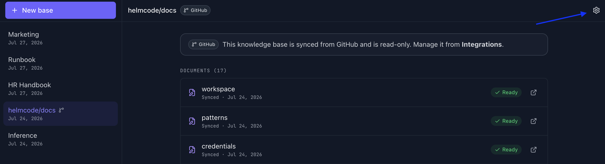 Knowledge base synced from GitHub, with access to the Integrations settings